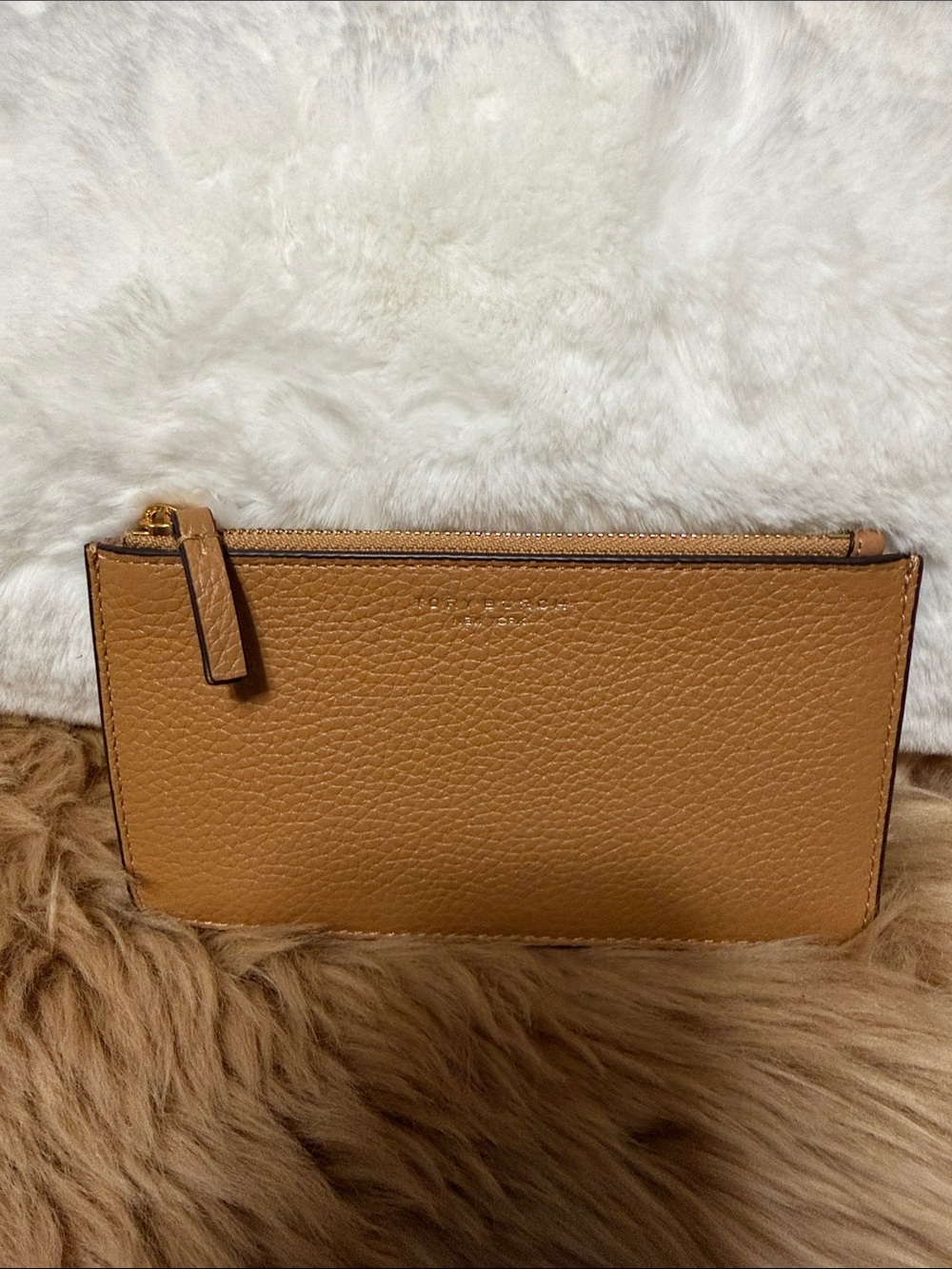TORY BURCH PEBBLED LEATHER ZIP POUCH TAN NWOT